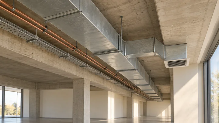 Conceptual building interior with continuous supported service routes