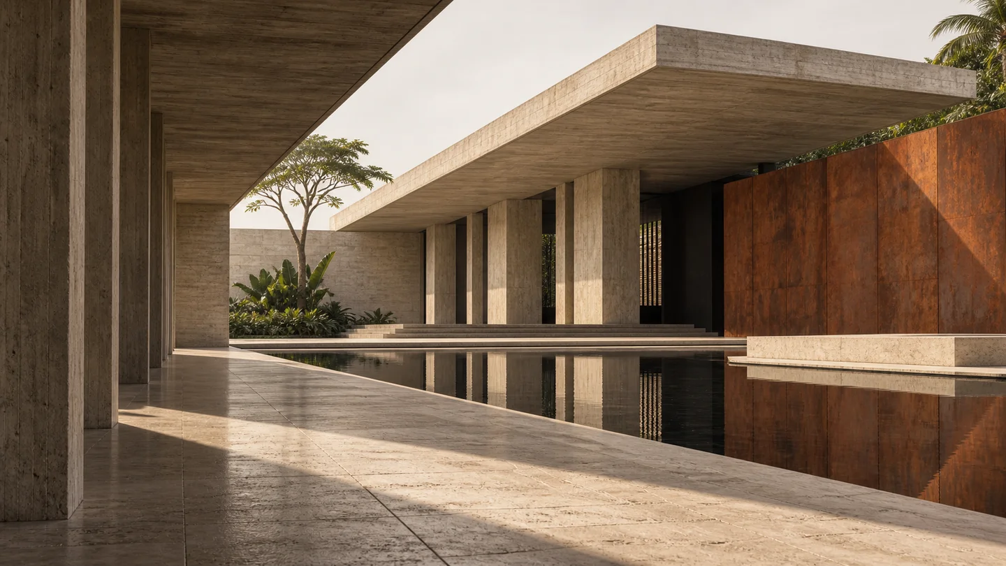 Concept study of a concrete pavilion with water and weathered steel