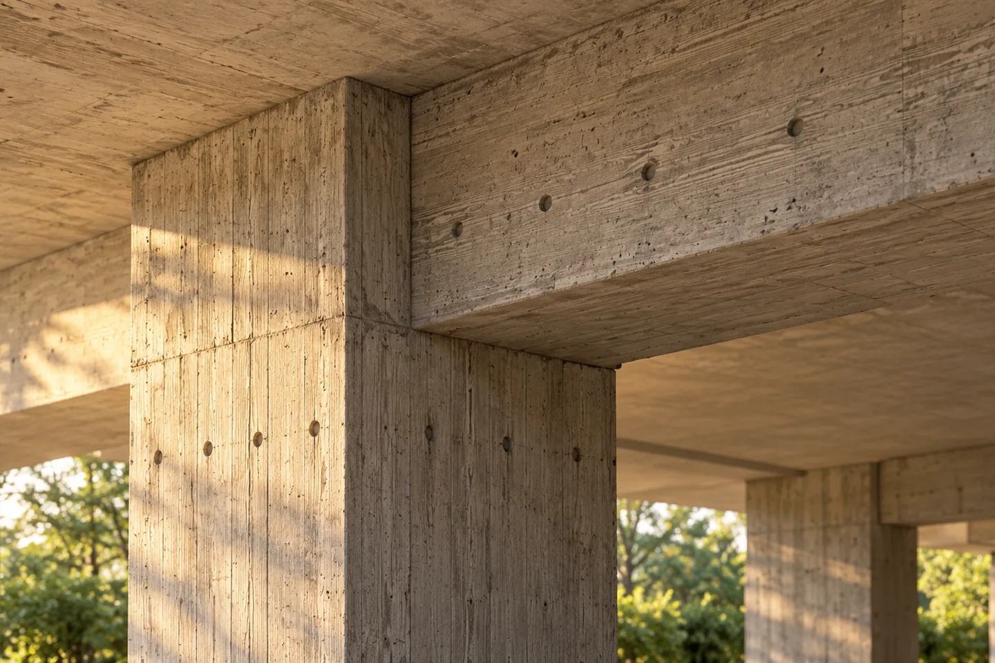 Encuentro de columna y viga de concreto con huella de encofrado, en luz cálida rasante